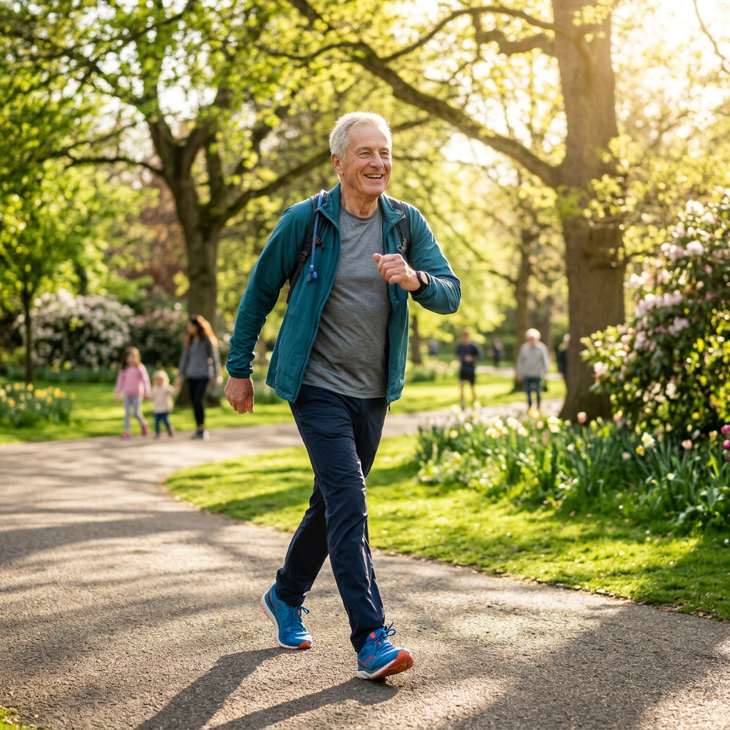 Older man walking briskly on a paved path in a green park