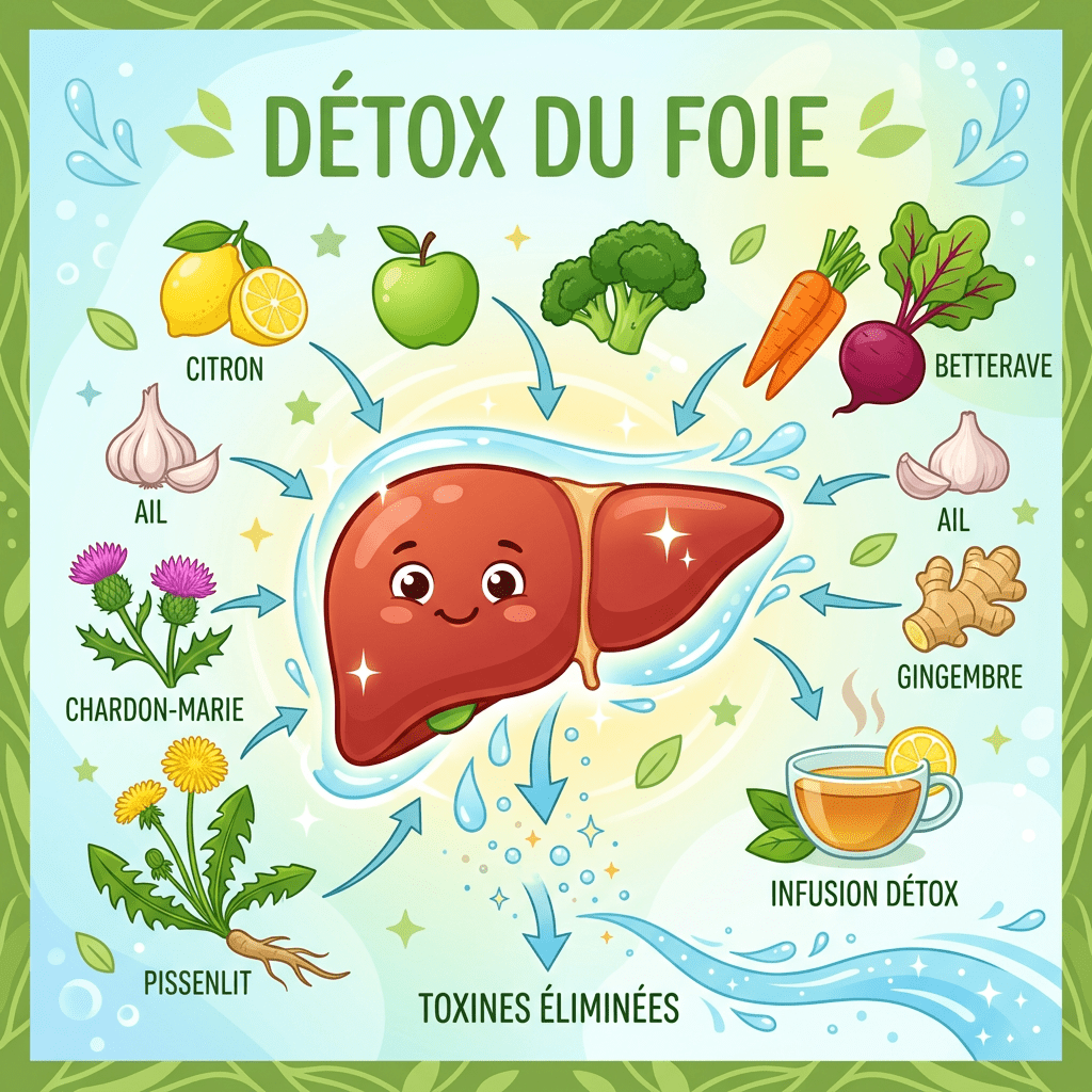 Smiling liver surrounded by lemon, apple, broccoli, carrots, beets, garlic, ginger, dandelion, milk thistle, and detox tea