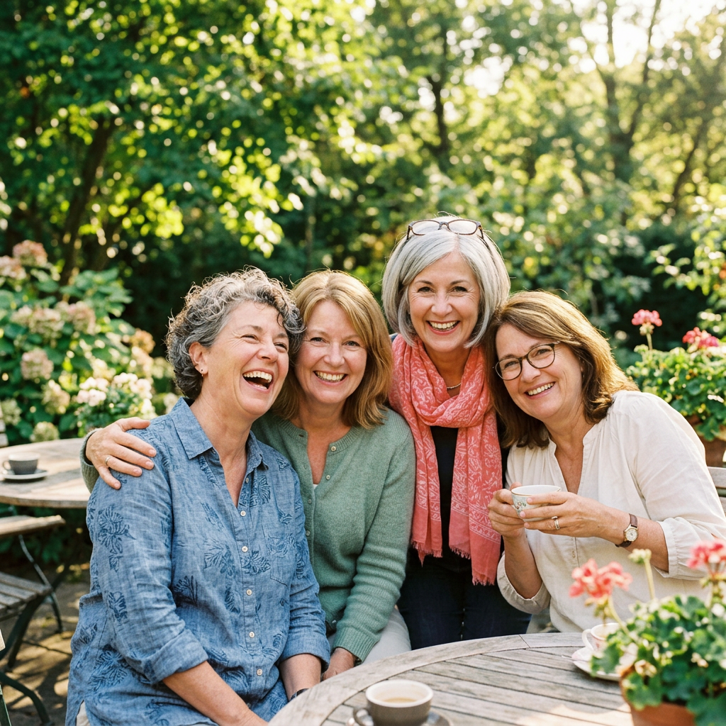 Four middle-aged women sitting at a round wooden table outdoors, smiling and enjoying coffee