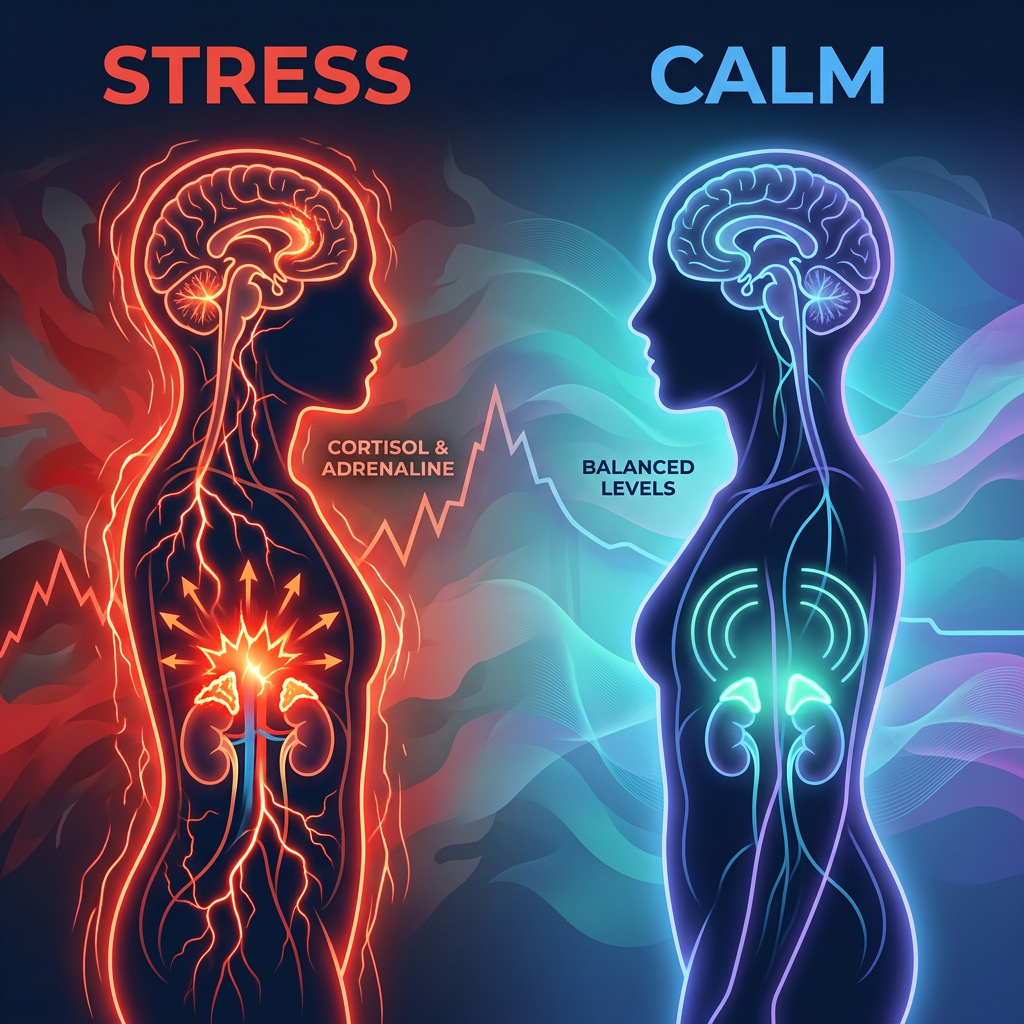 Silhouettes showing increased cortisol and adrenaline during stress and balanced hormone levels during calm
