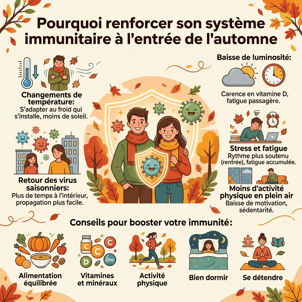 Infographie en français : « Pourquoi renforcer son système immunitaire à l’entrée de l’automne »; changements de température, retour des virus saisonniers, baisse de luminosité, stress et fatigue, moins d’activité physique; conseils : alimentation équilibrée, vitamines et minéraux, activité physique, bien dormir, se détendre.